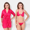 Hot Pink Satin Solid 3/4 Sleeve Pack of 1 Robe with Lingerie Set for Women