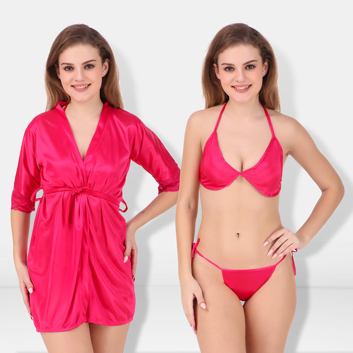 Hot Pink Satin Solid 3/4 Sleeve Pack of 1 Robe with Lingerie Set for Women