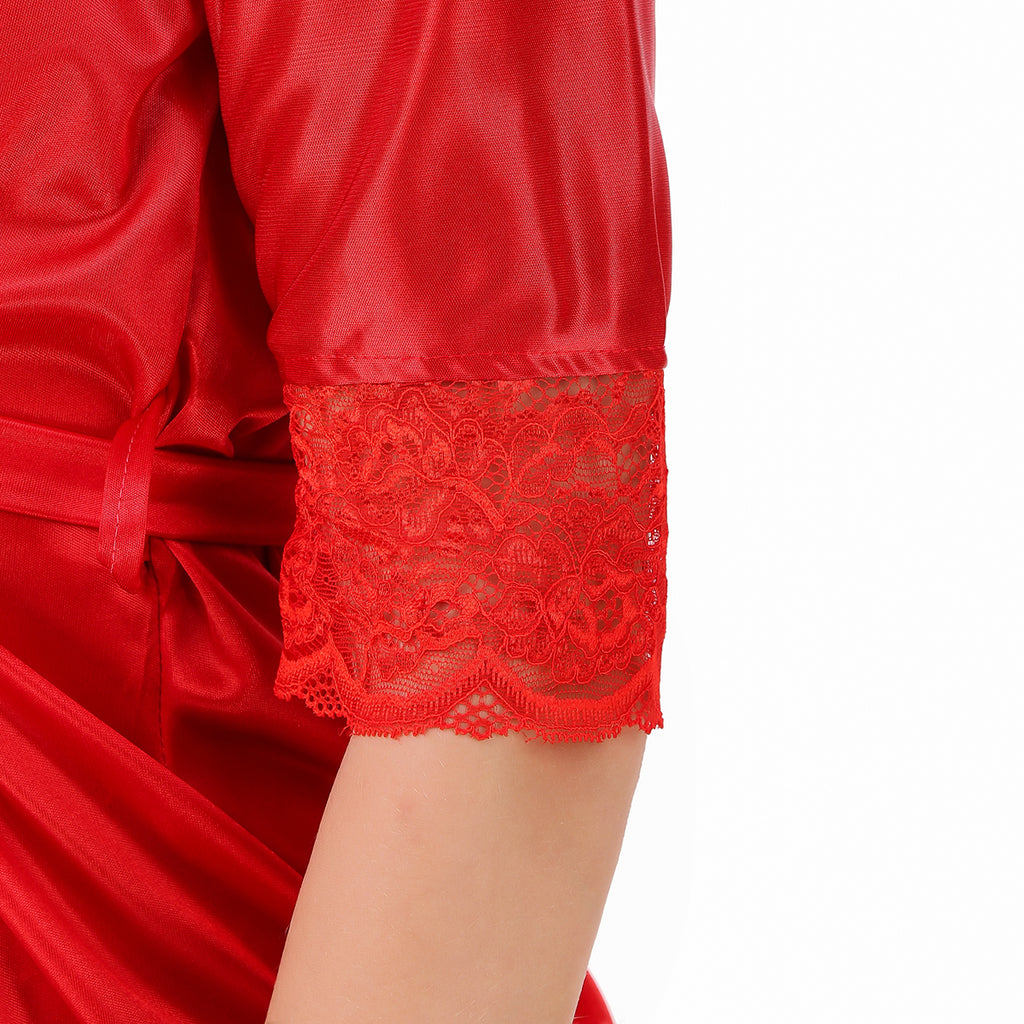 Red Satin Solid 3/4 Sleeve Robe with Lingerie Set for Women