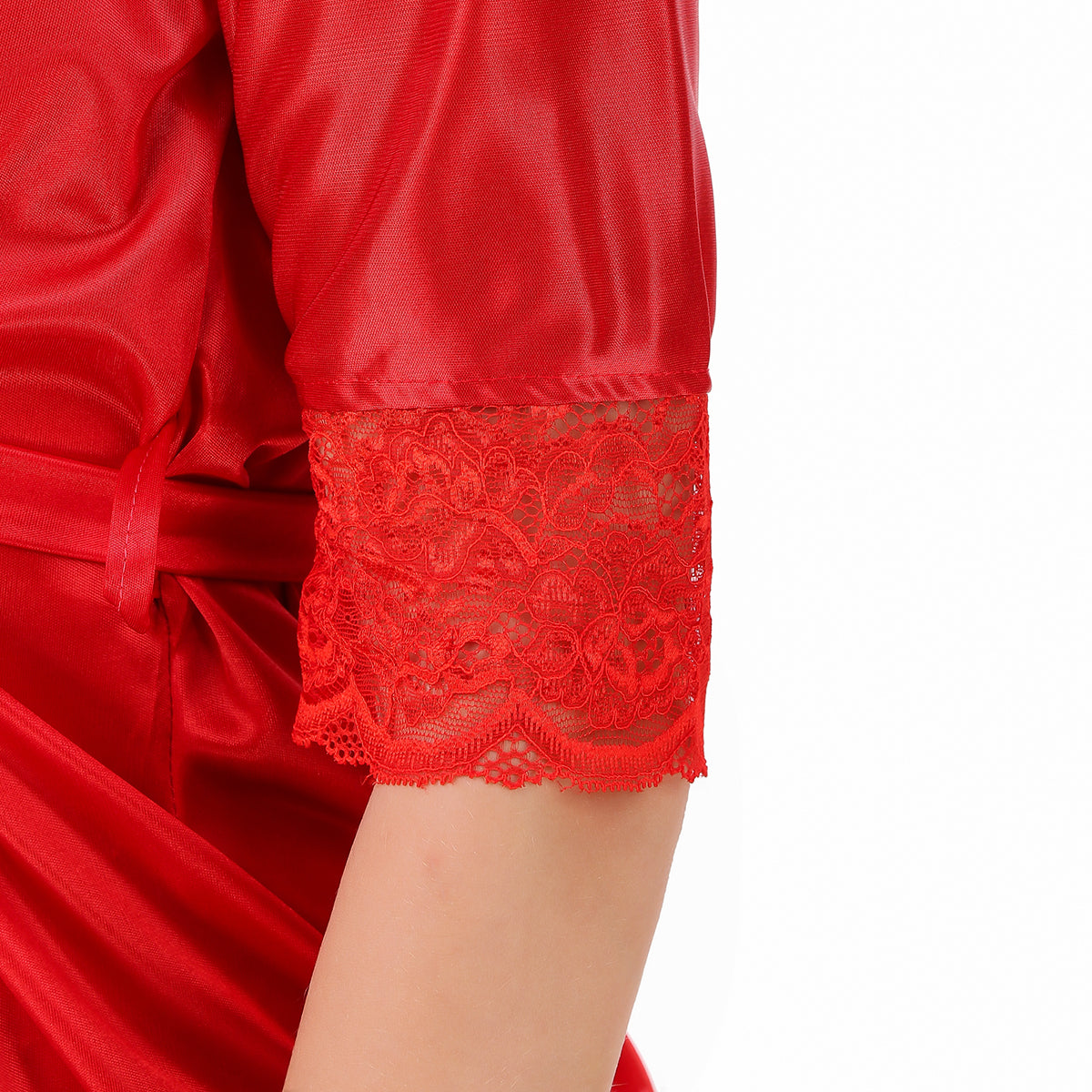 Red Satin Solid 3/4 Sleeve Robe with Lingerie Set for Women