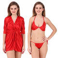 Red Satin Solid 3/4 Sleeve Robe with Lingerie Set for Women