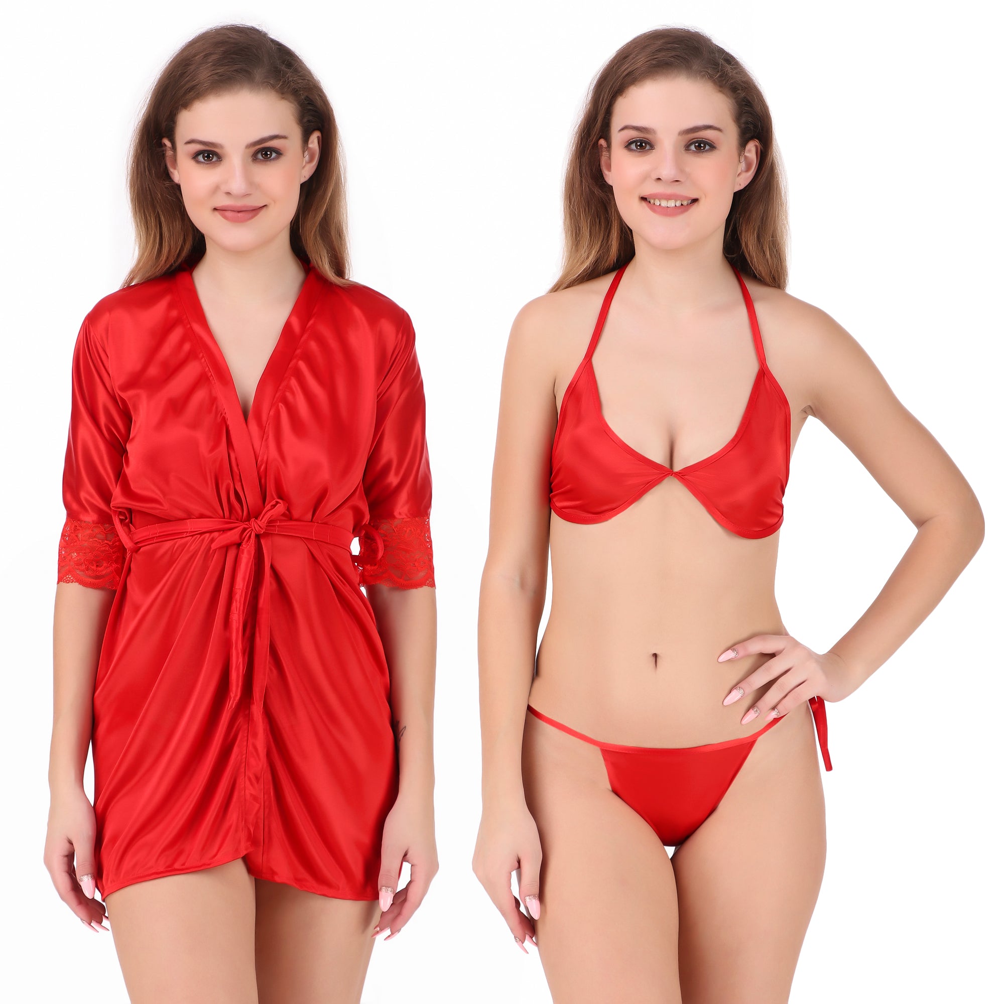 Red Satin Solid 3/4 Sleeve Robe with Lingerie Set for Women