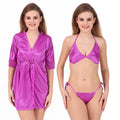 Purple Solid Satin Robe with Lingerie Set for Women