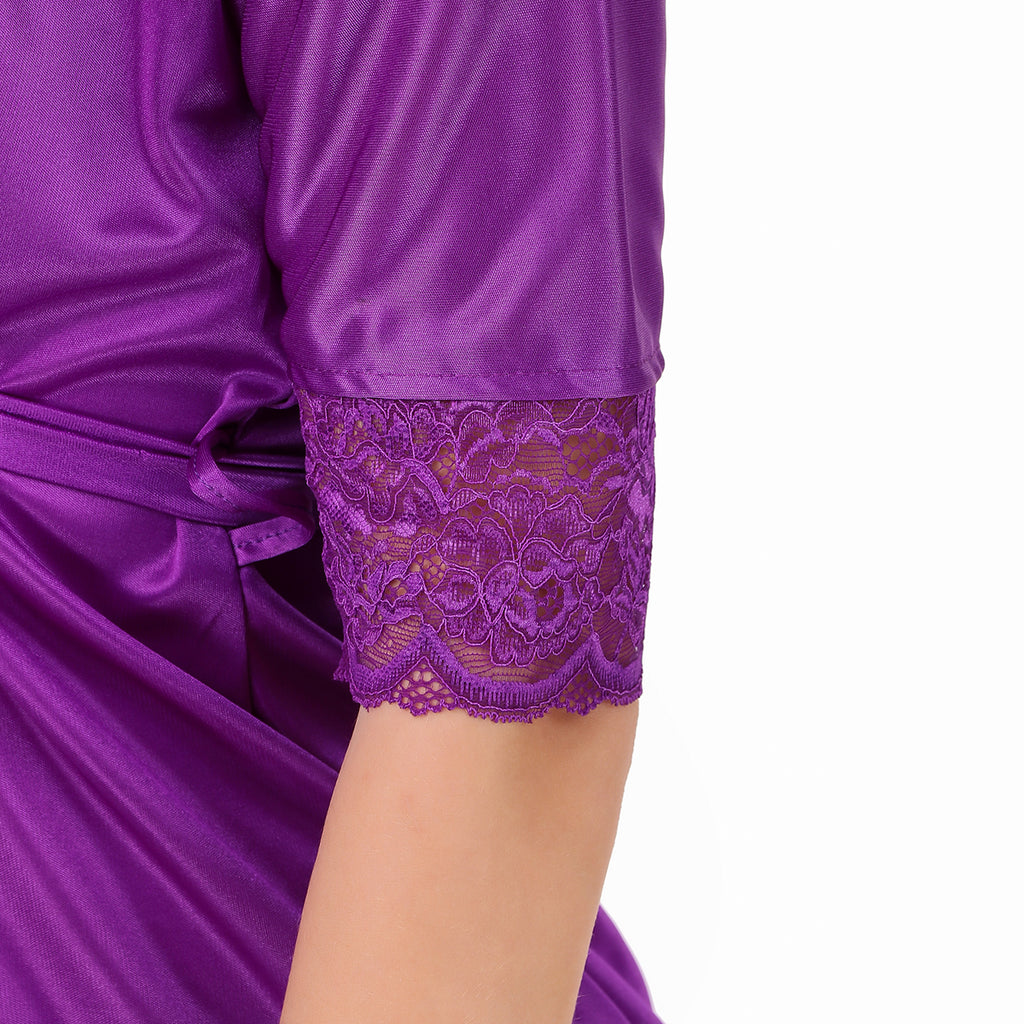 Purple Satin Solid 3/4 Sleeve Robe with Lingerie Set for Women