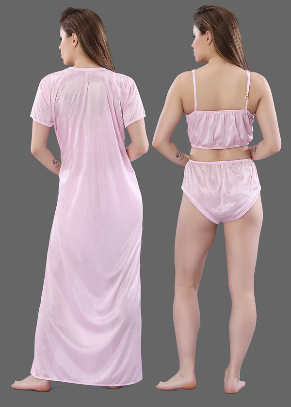 Baby Pink Solid Satin 3 Piece Nightwear Set for Women