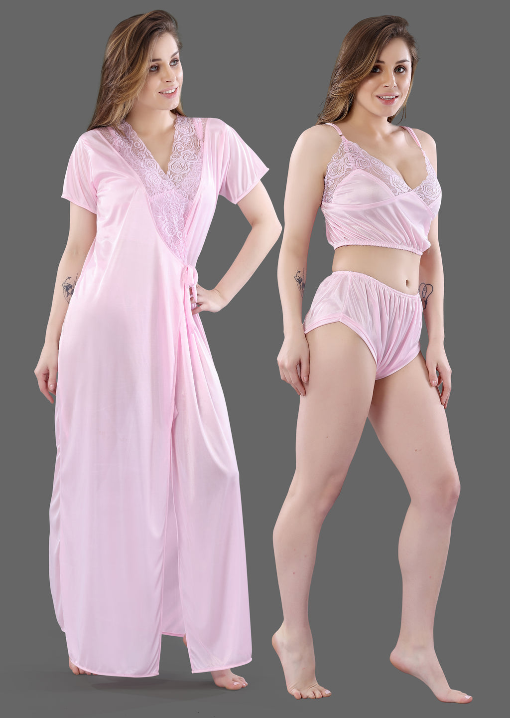 Baby Pink Solid Satin 3 Piece Nightwear Set for Women