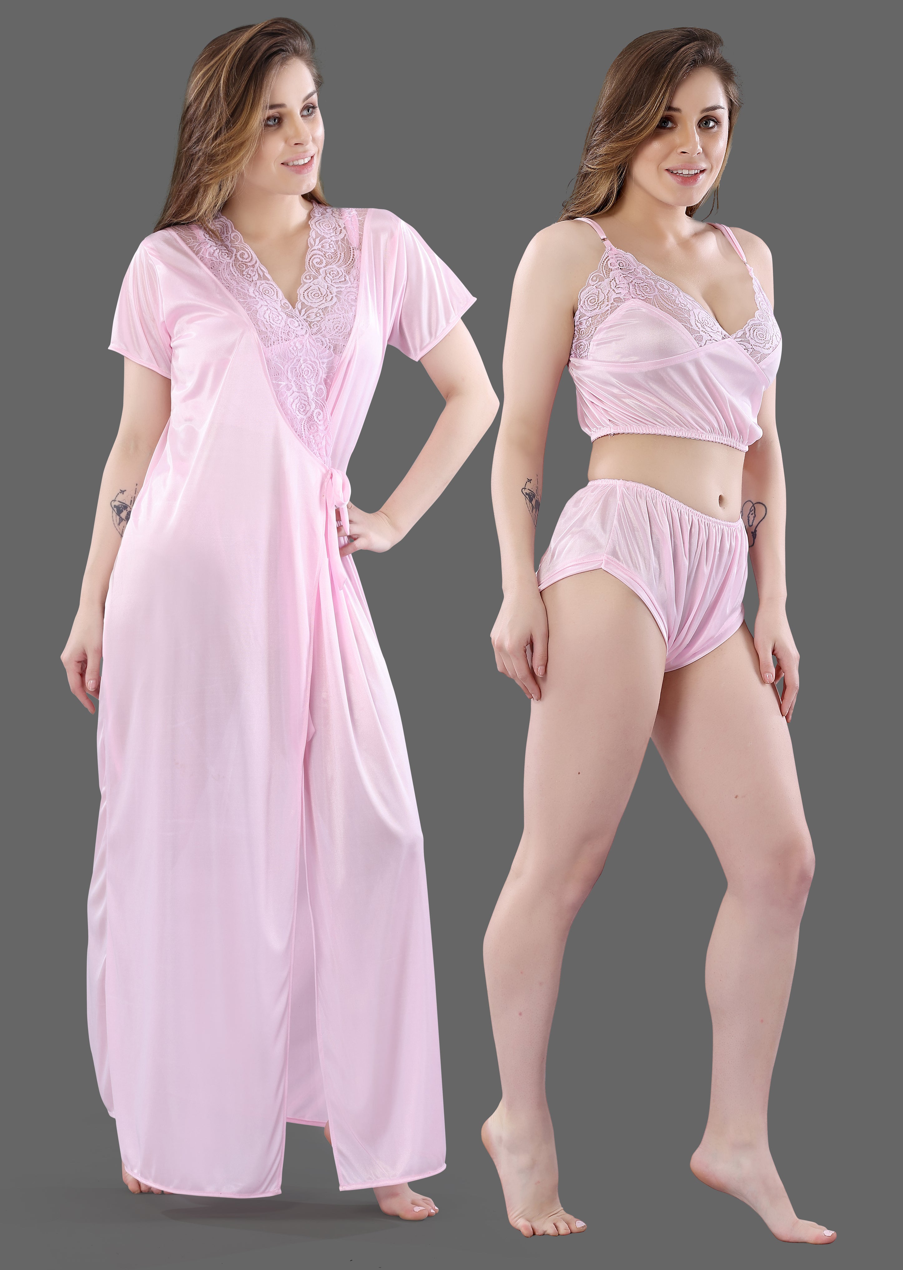 Baby Pink Solid Satin 3 Piece Nightwear Set for Women