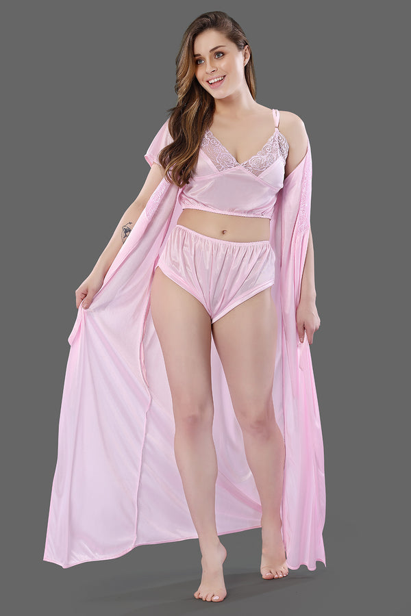 Baby Pink Solid Satin 3 Piece Nightwear Set for Women