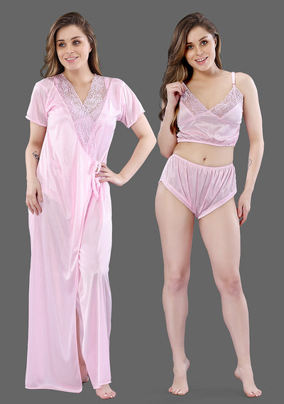 Baby Pink Solid Satin 3 Piece Nightwear Set for Women