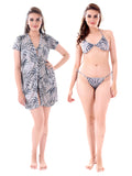 Silver Satin Leaf Print 3 Piece Lingerie Set with Short Robe for Women