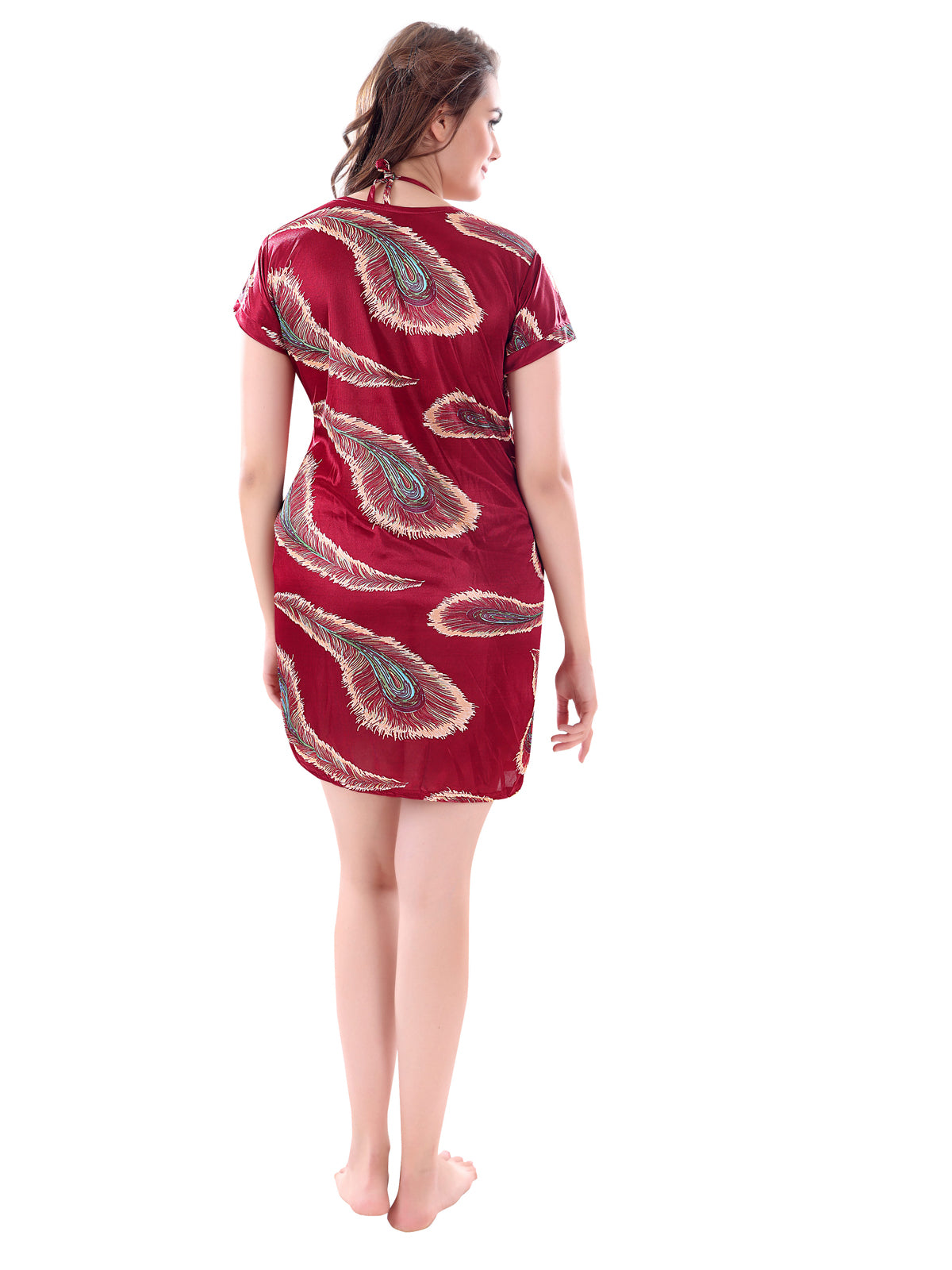 Maroon Satin Printed Short Sleeve Pack of 1 Robe with Lingerie Set for Women