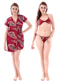 Maroon Satin Printed Short Sleeve Pack of 1 Robe with Lingerie Set for Women