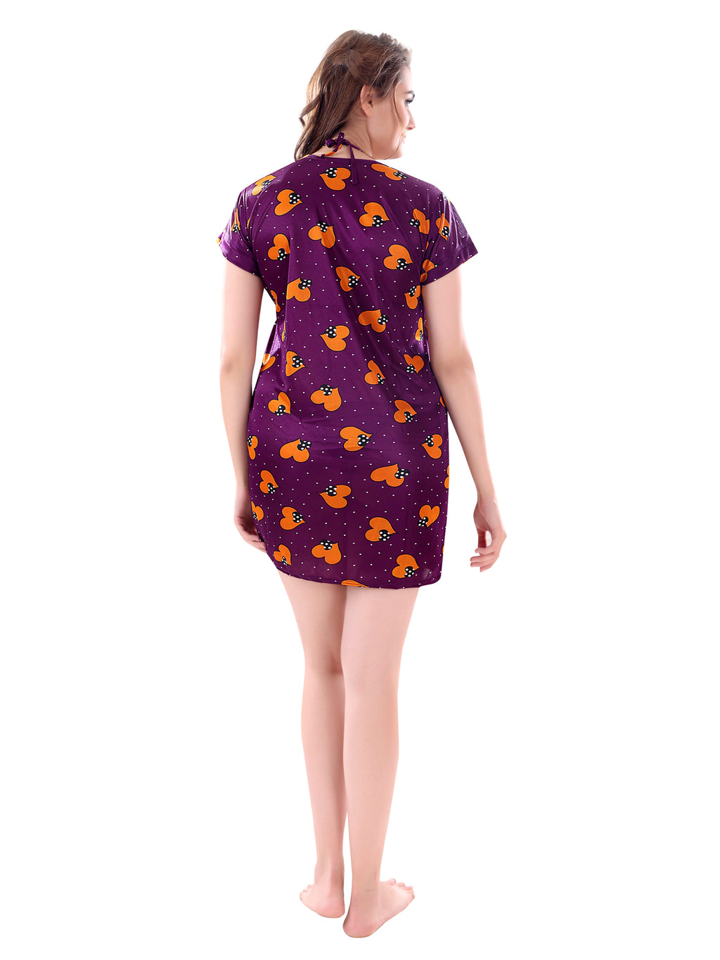 Purple Satin Heart Print Short Sleeve Pack of 1 Robe with Lingerie Set for Women
