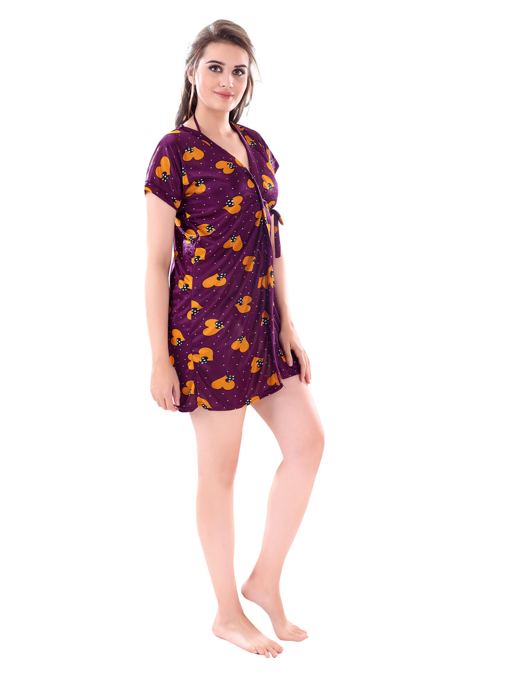Purple Satin Heart Print Short Sleeve Pack of 1 Robe with Lingerie Set for Women