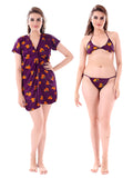 Purple Satin Heart Print Short Sleeve Pack of 1 Robe with Lingerie Set for Women