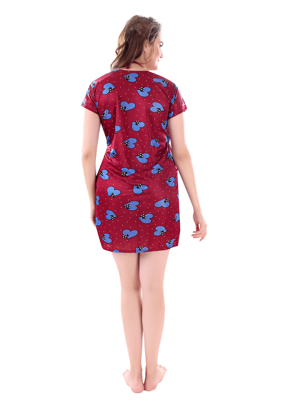 Satin Heart Print Short Sleeve Robe for Women Back