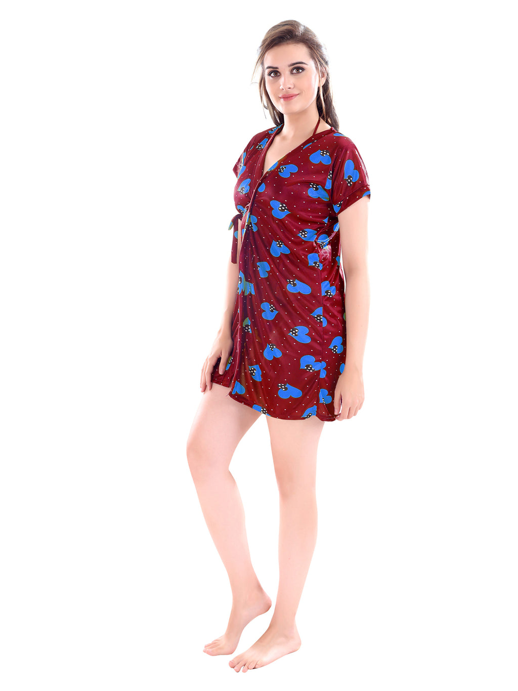 Satin Heart Print Short Sleeve Robe for Women Front
