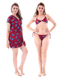 Satin Heart Print Short Sleeve Robe with Lingerie Set for Women