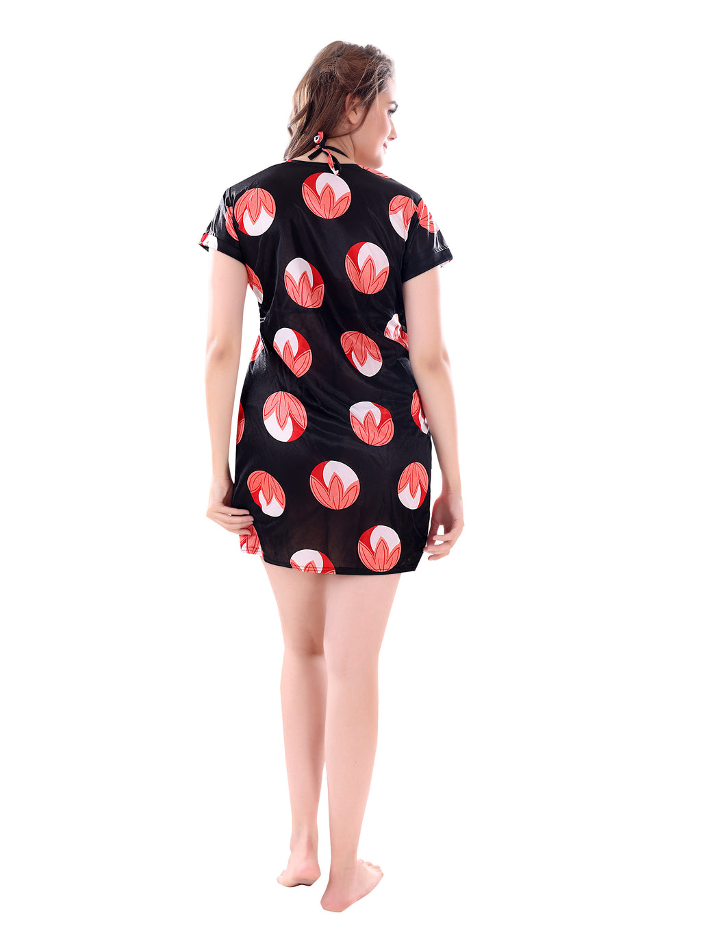 Black Peach Satin Printed Robe with Lingerie Set for Women