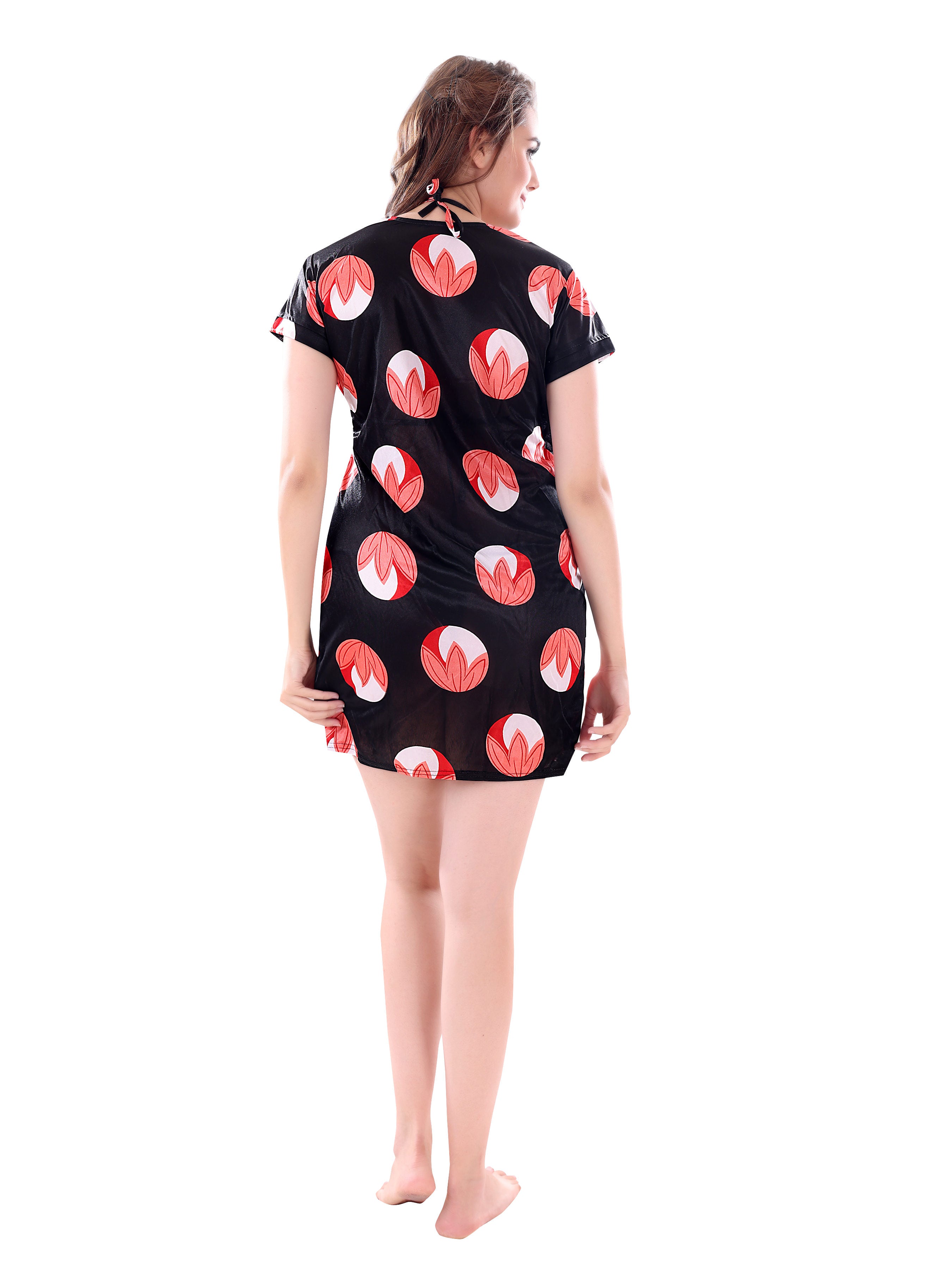 Black Peach Satin Printed Robe with Lingerie Set for Women