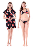 Black Peach Satin Printed Robe with Lingerie Set for Women