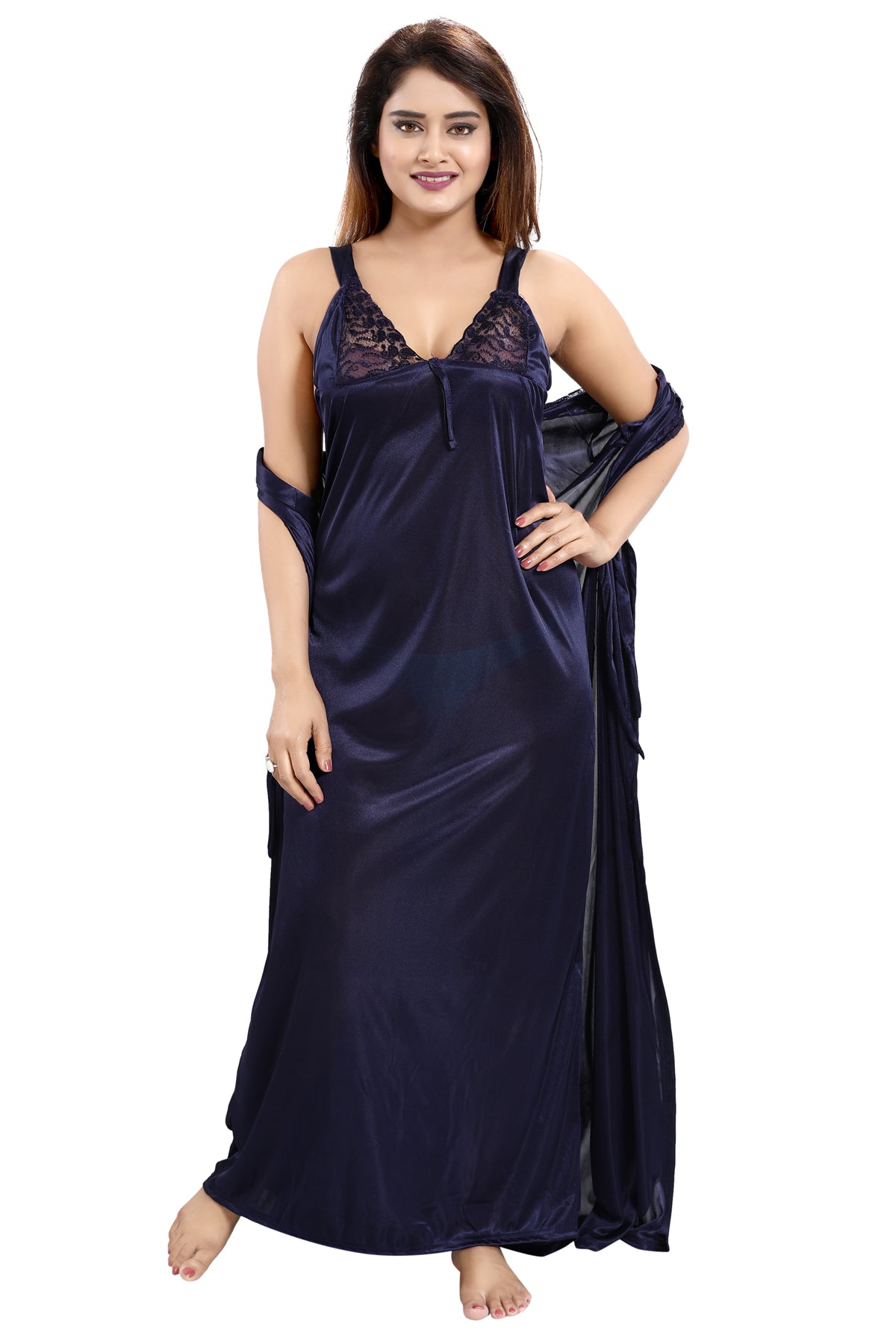 Black Solid Satin 6-Piece Nightwear Set for Women