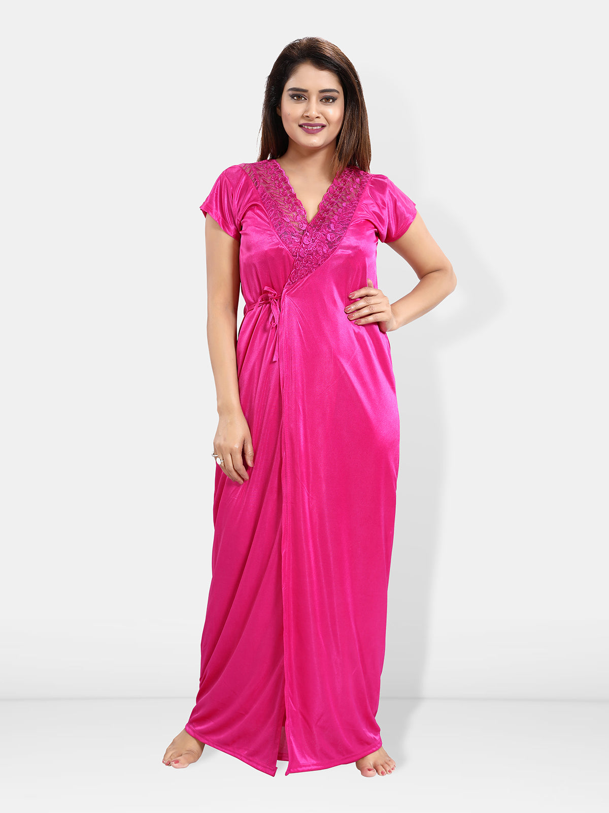 Pink Satin Night Robe For Women