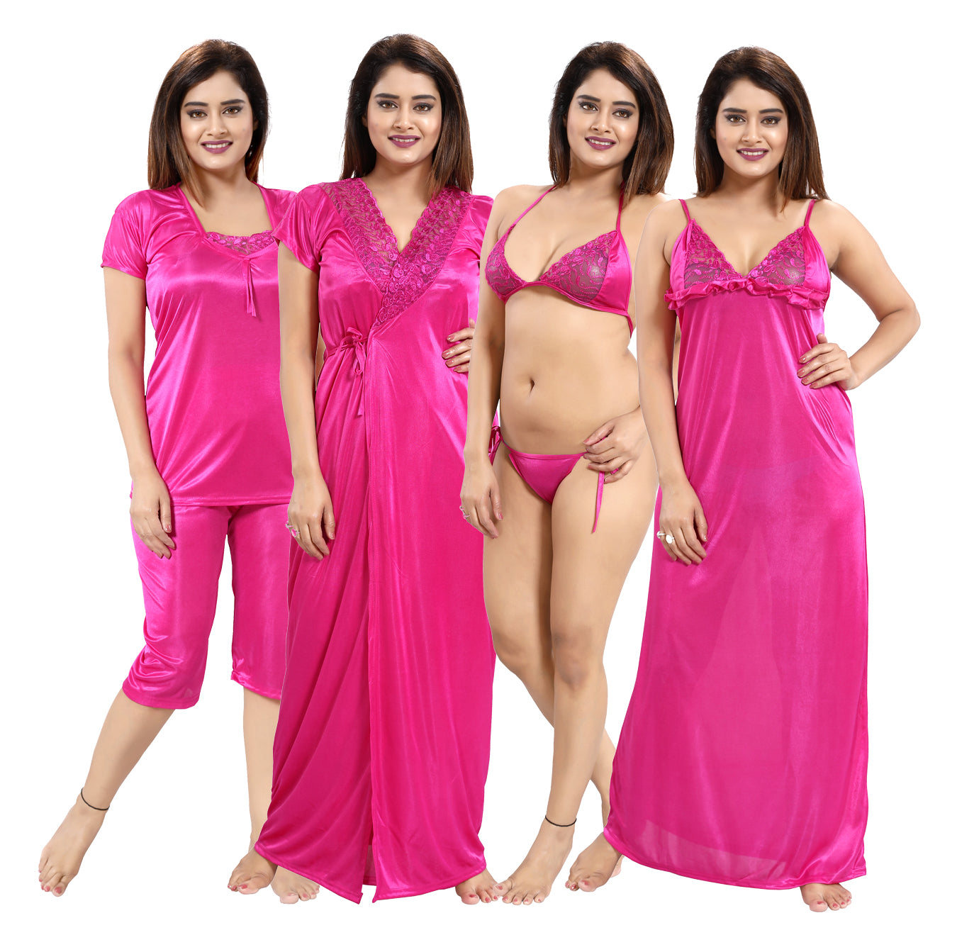 Pink Satin Solid 6 Piece Nightwear Set for Women