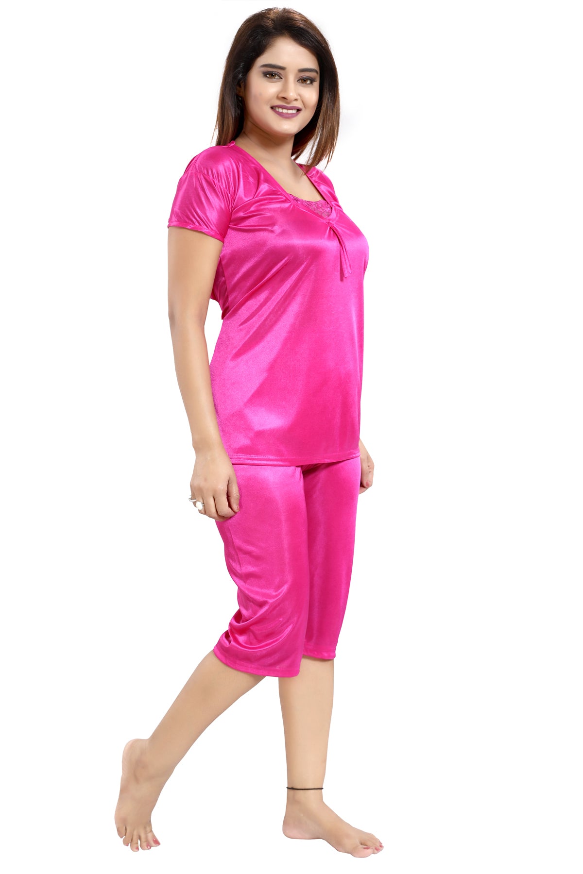 Pink Satin Nightwear Capri Set for Women