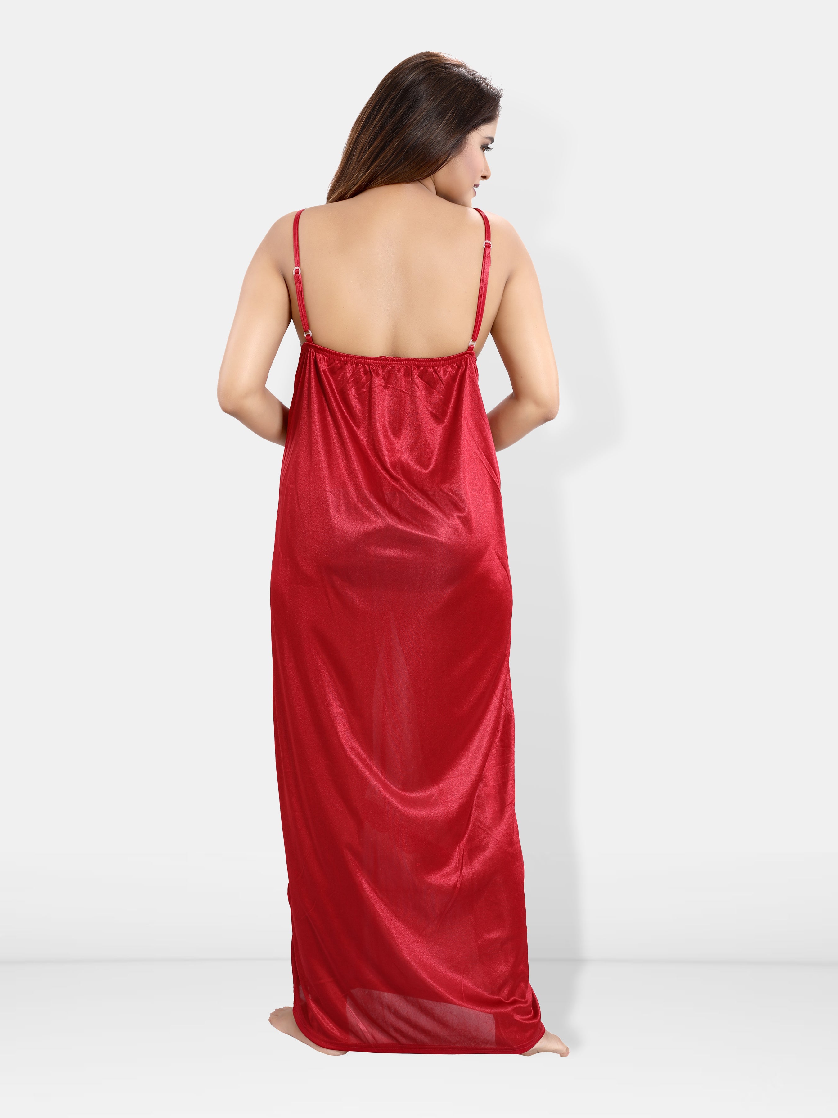 Red Satin Solid 6 Piece Nightwear Set for Women