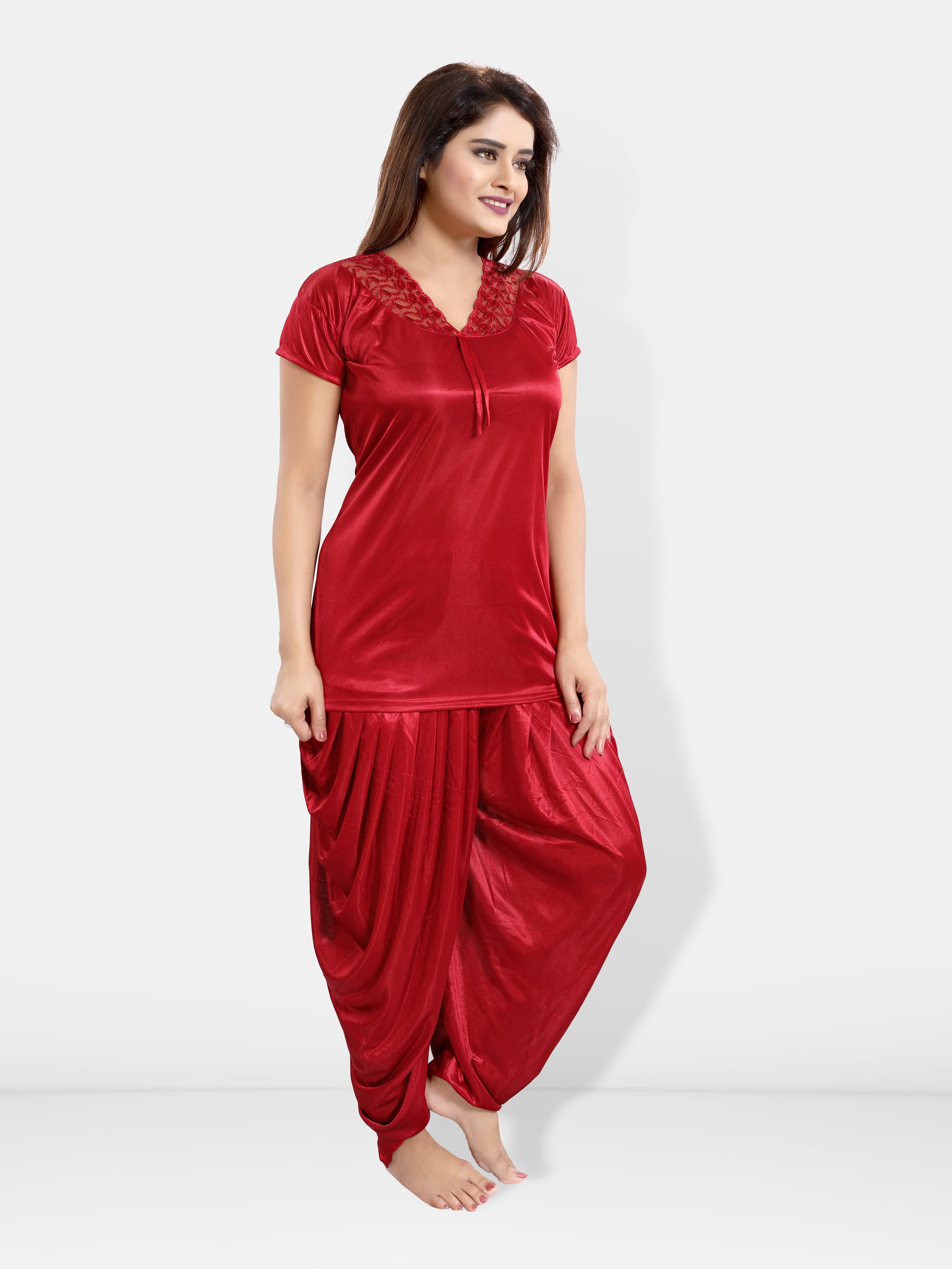 Red Satin Solid 6 Piece Nightwear Set for Women