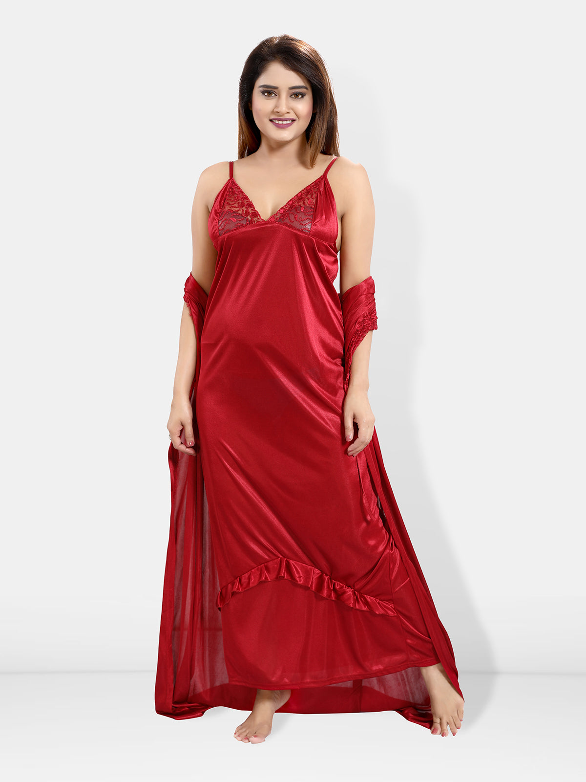 Red Satin Solid 6 Piece Nightwear Set for Women