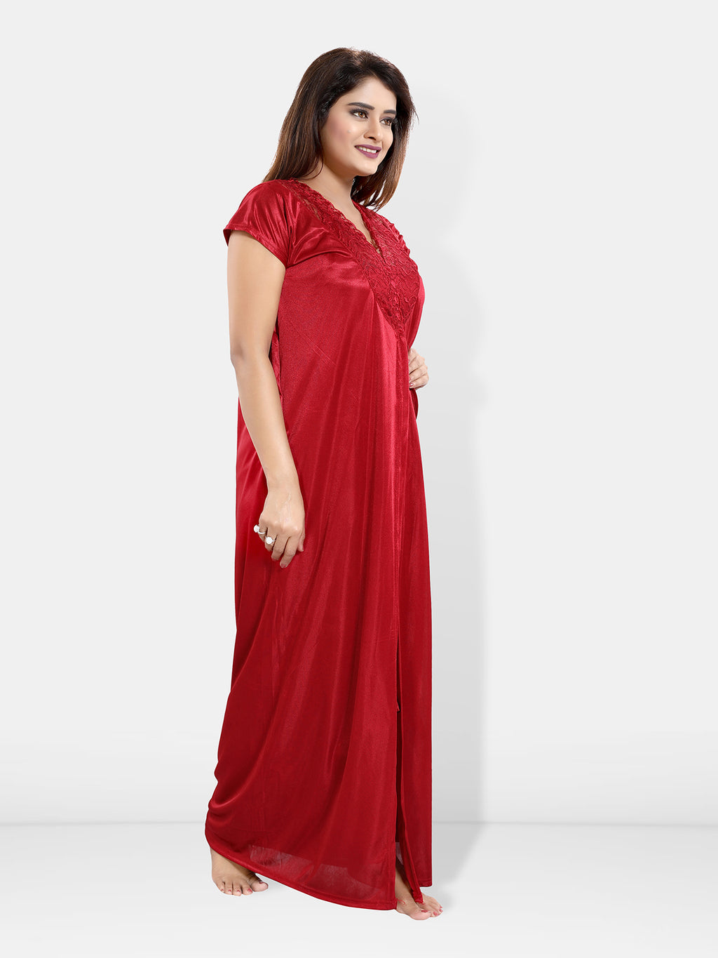 Red Satin Solid 6 Piece Nightwear Set for Women