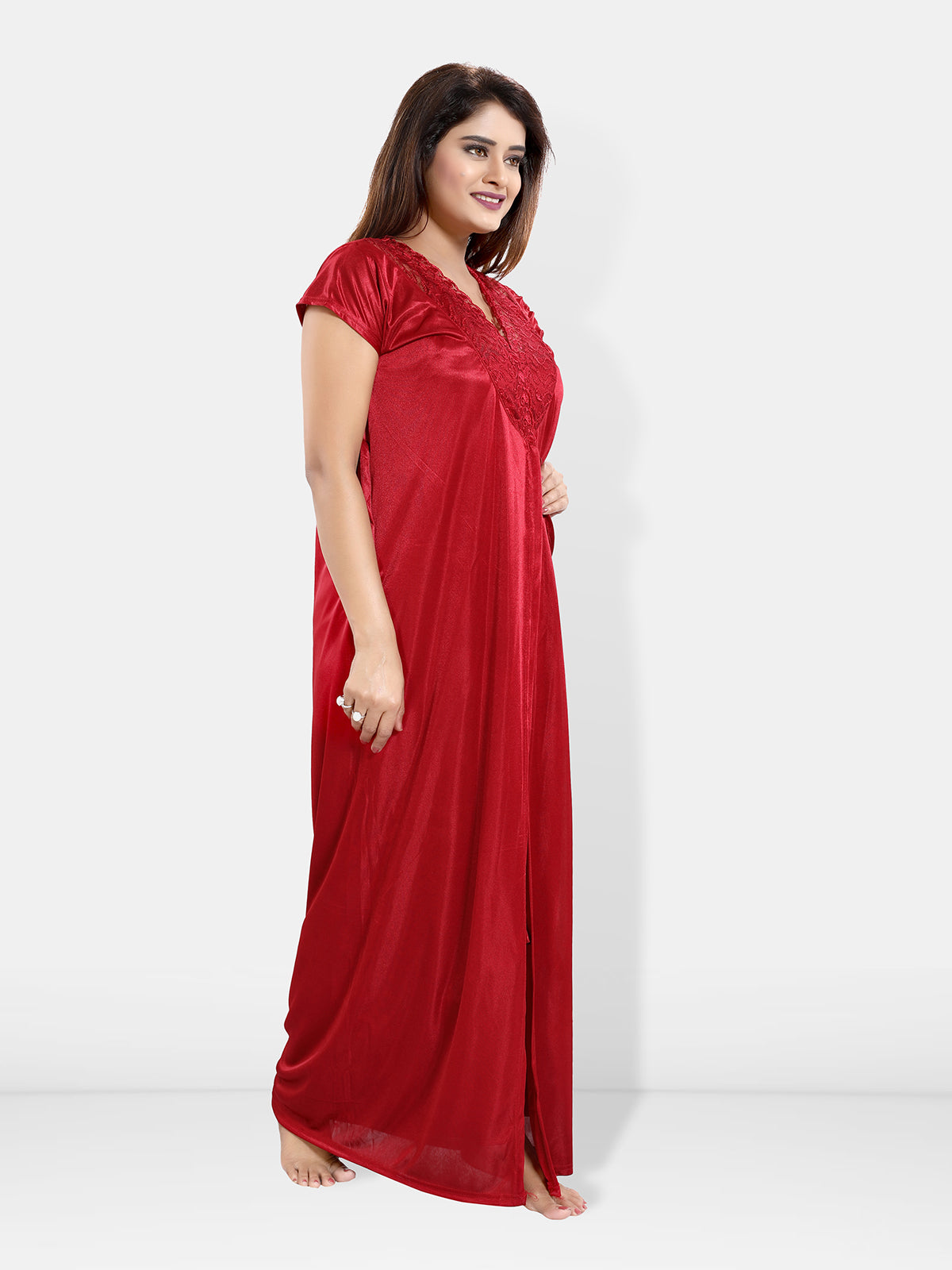 Red Satin Solid 6 Piece Nightwear Set for Women