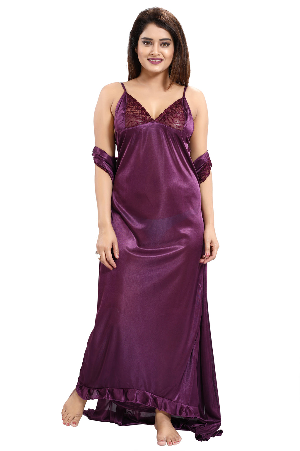 Violet Solid Satin 6 Piece Nightwear Set for Women