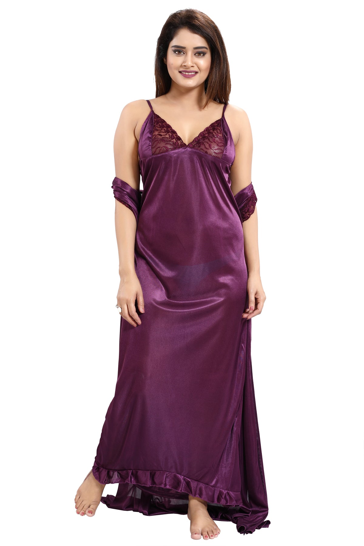 Violet Solid Satin 6 Piece Nightwear Set for Women