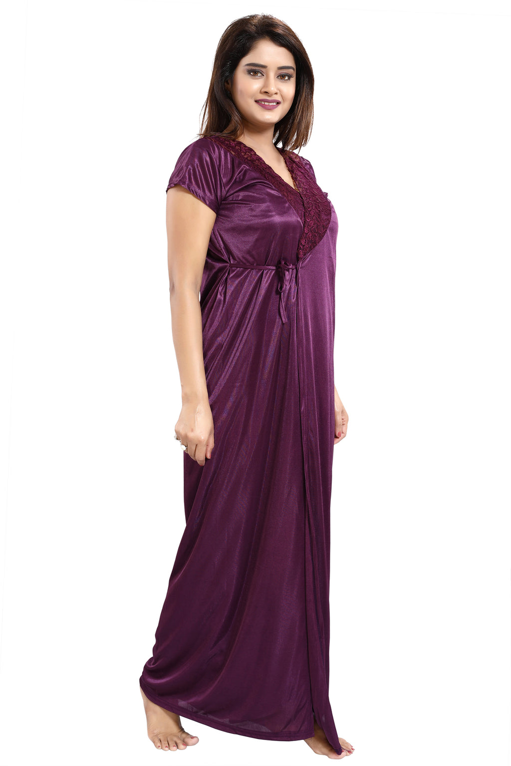Violet Solid Satin 6 Piece Nightwear Set for Women