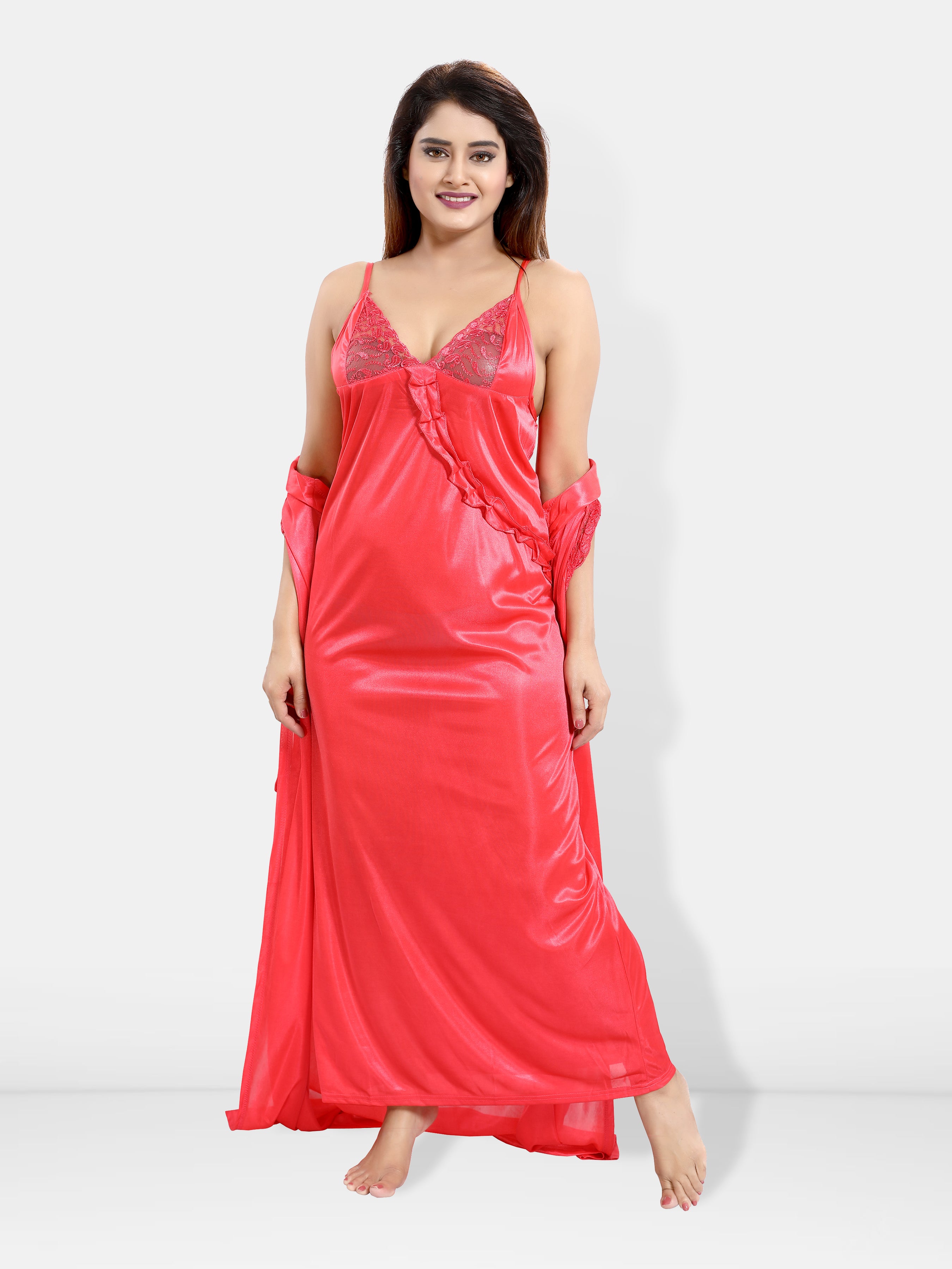 Red Satin Solid 6 Piece Nightwear Set for Women