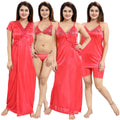Red Satin Solid 6 Piece Nightwear Set for Women