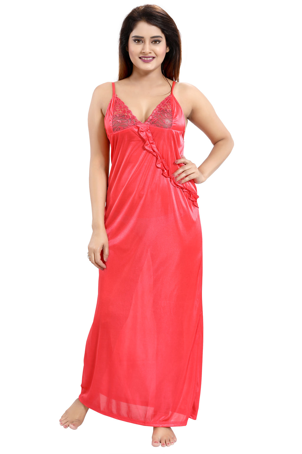 Red Satin Solid 6 Piece Nightwear Set for Women