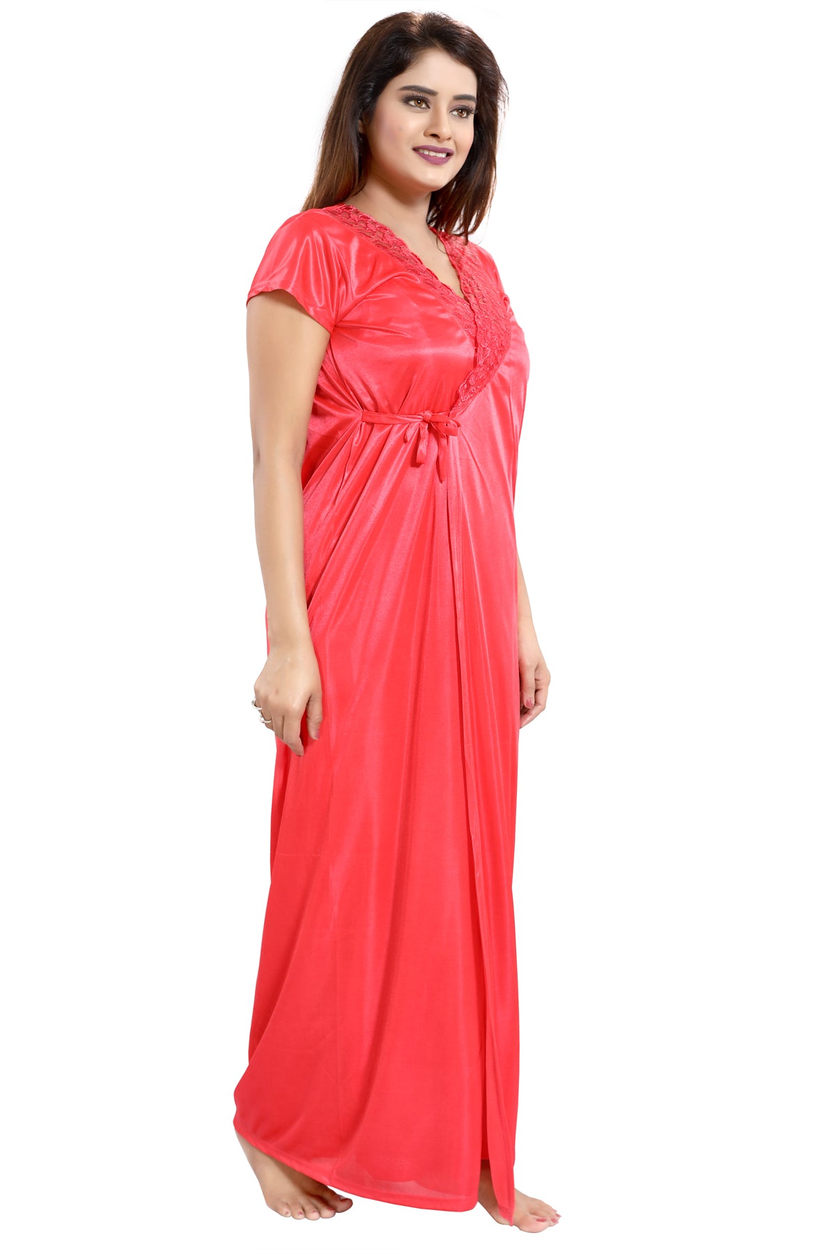 Red Satin Solid 6 Piece Nightwear Set for Women
