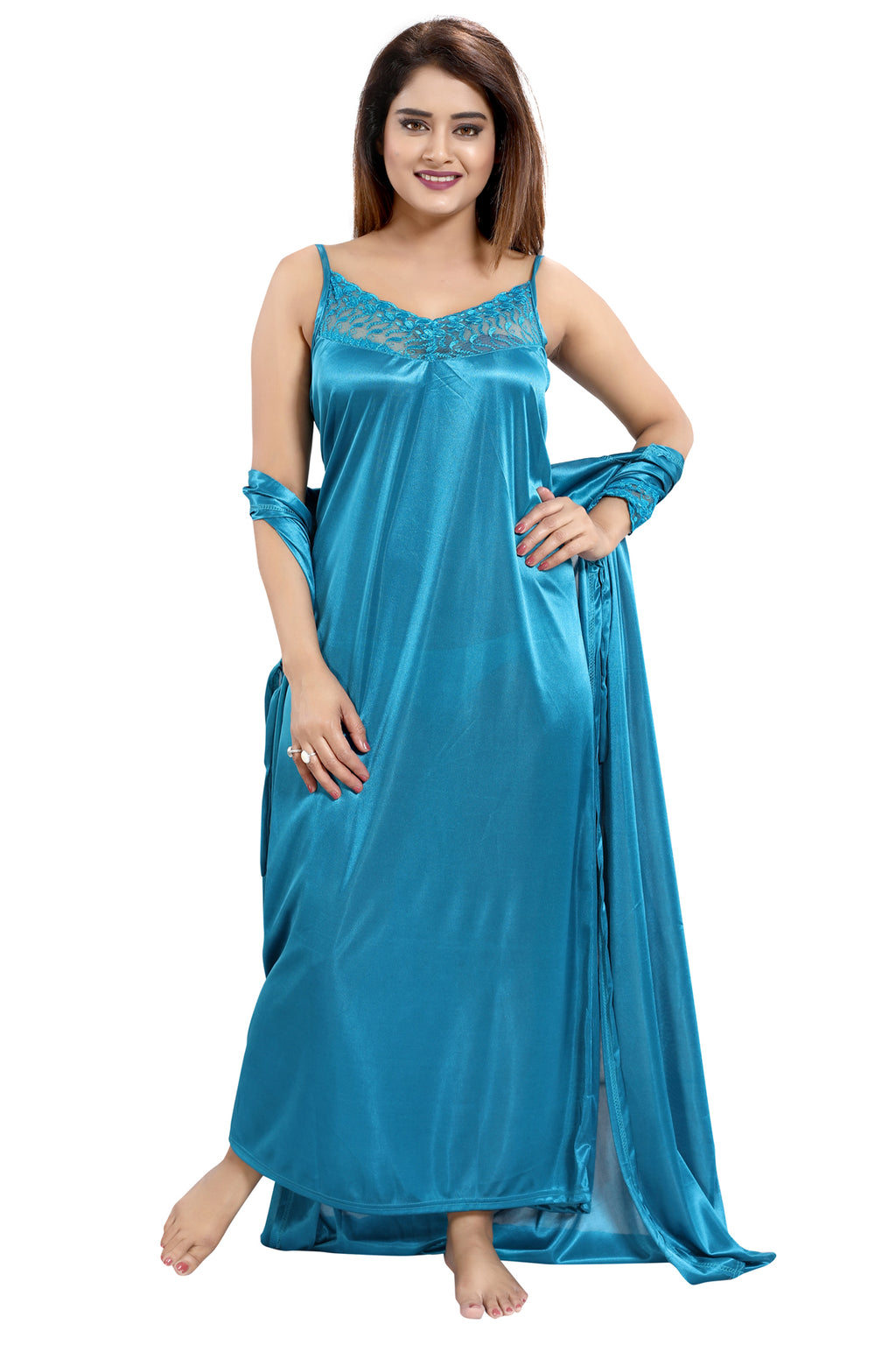 Sky Blue Satin Nighty Robe