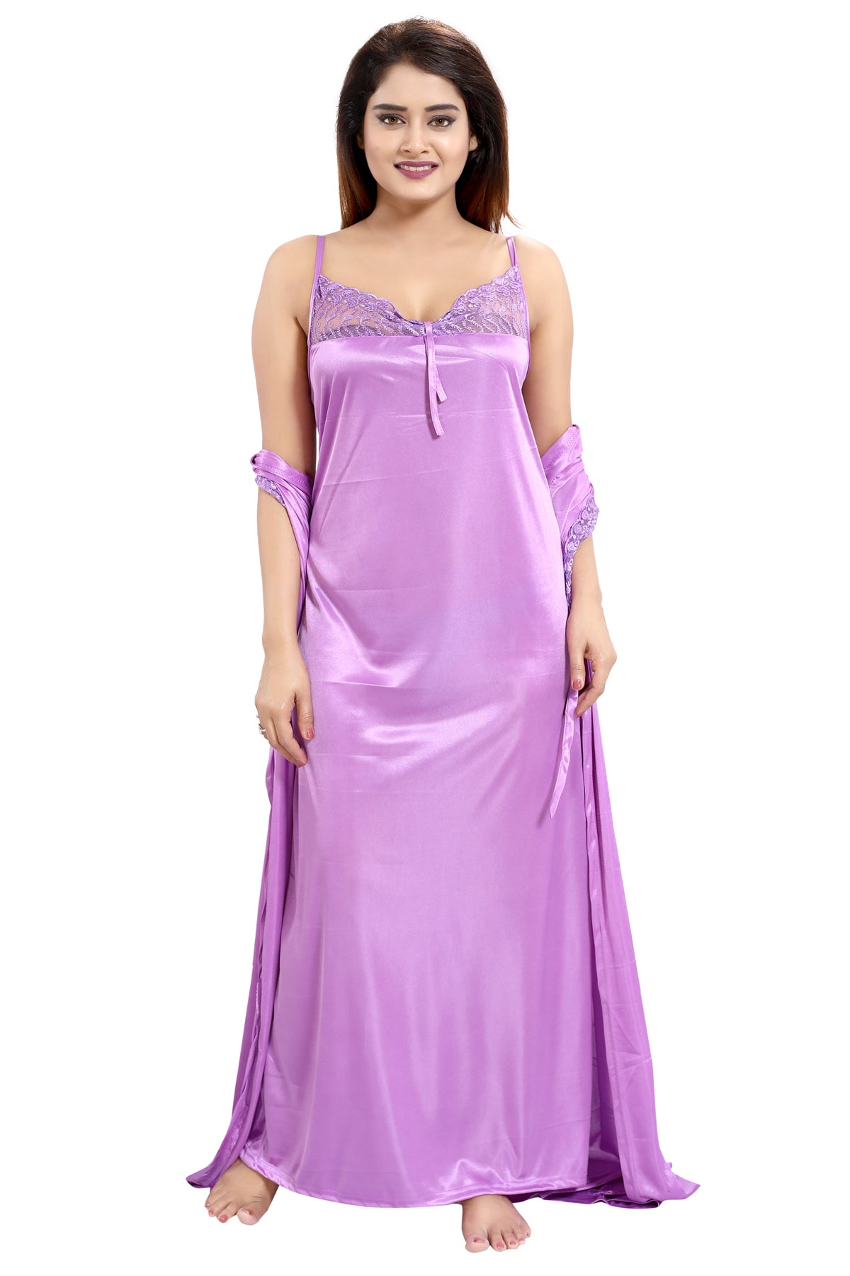 Lavender Solid Satin Nighty, Robe & Loungewear Set