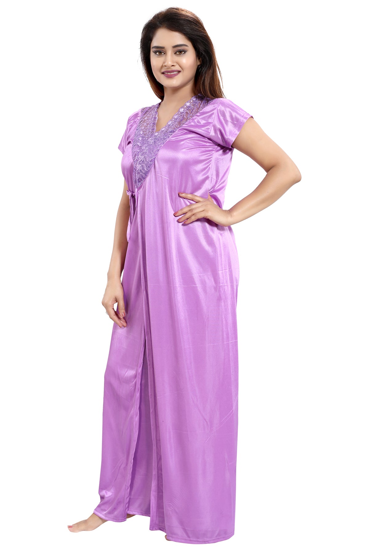 Lavender Solid Satin Nighty, Robe & Loungewear Set