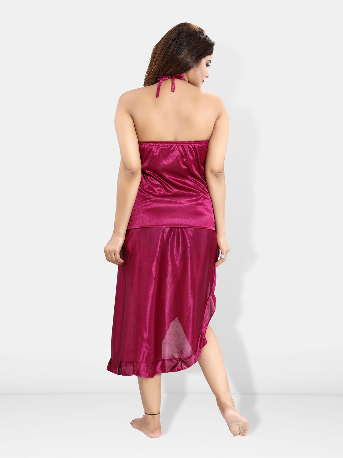 Magenta Solid Satin Wrap skirt for Women Back