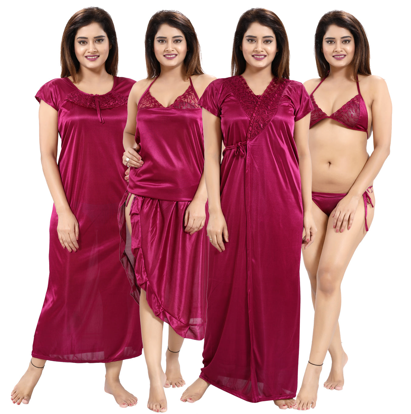 Magenta (Pack of 6) Solid Satin Nightwear Set for Women