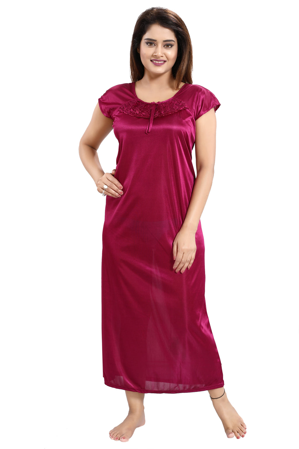 Magenta Solid Satin Nighty for Women 