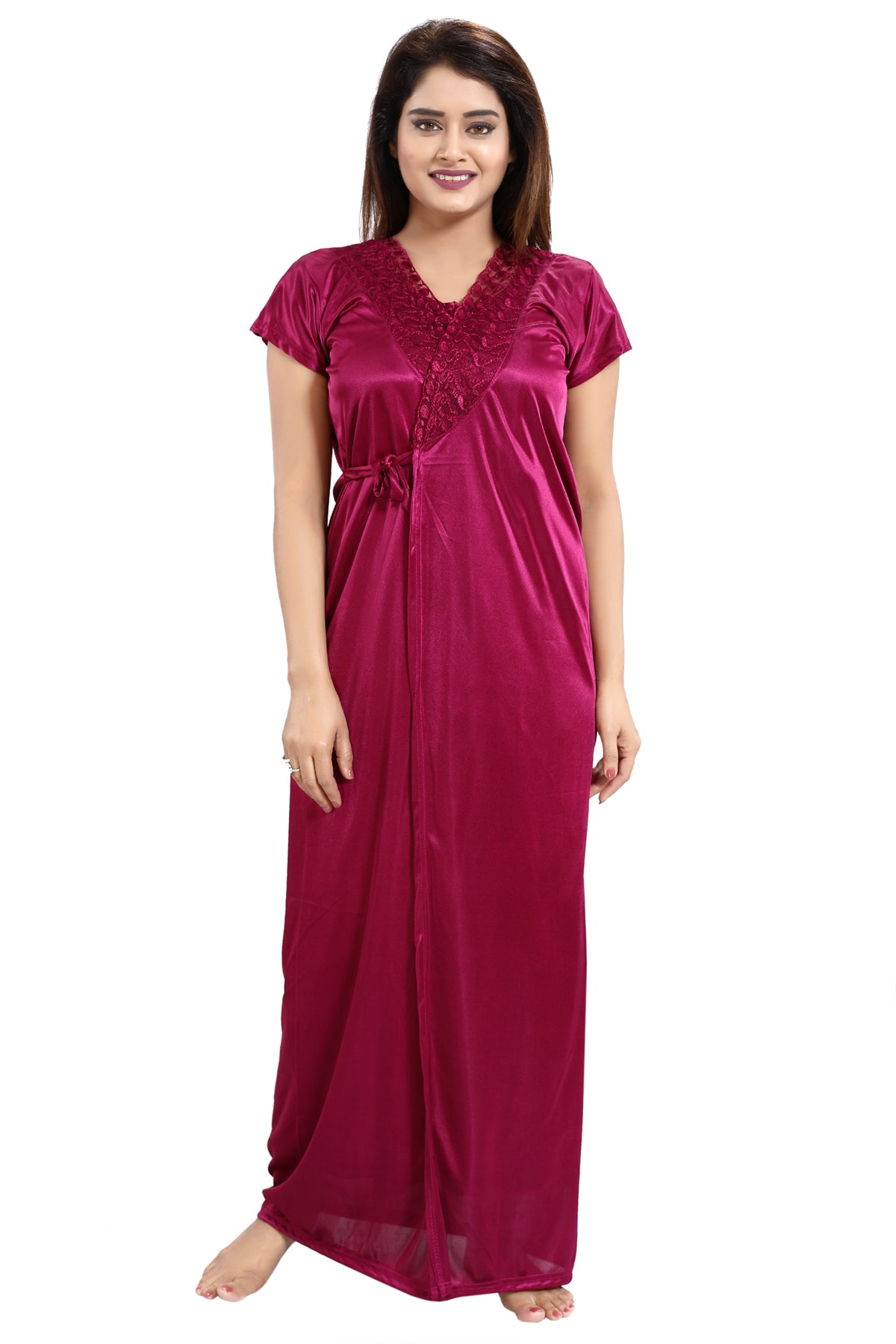 Magenta Solid Satin Nightwear Robe for Women