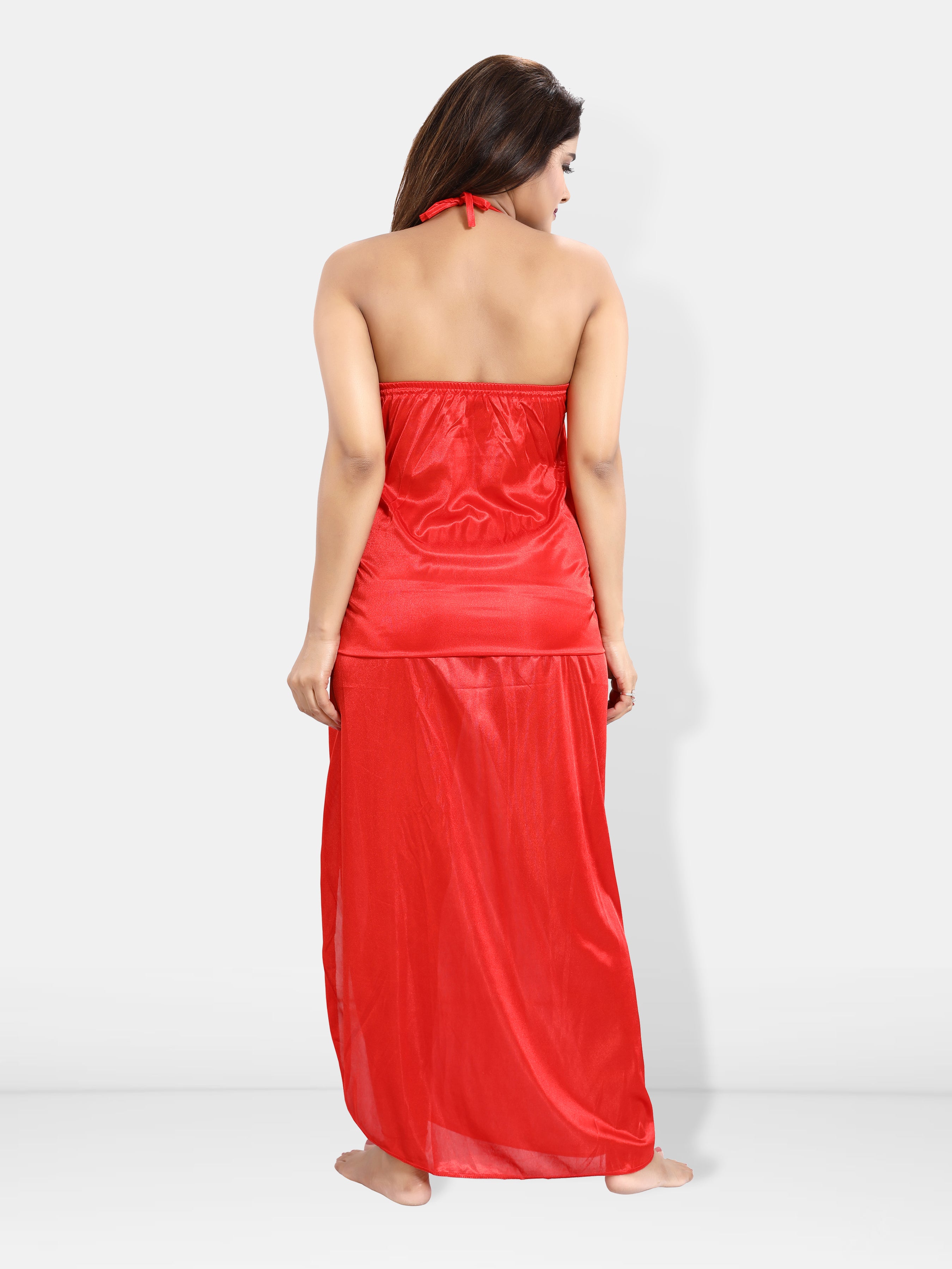 Red (Pack of 6) Nightwear Set in Solid Satin for Women