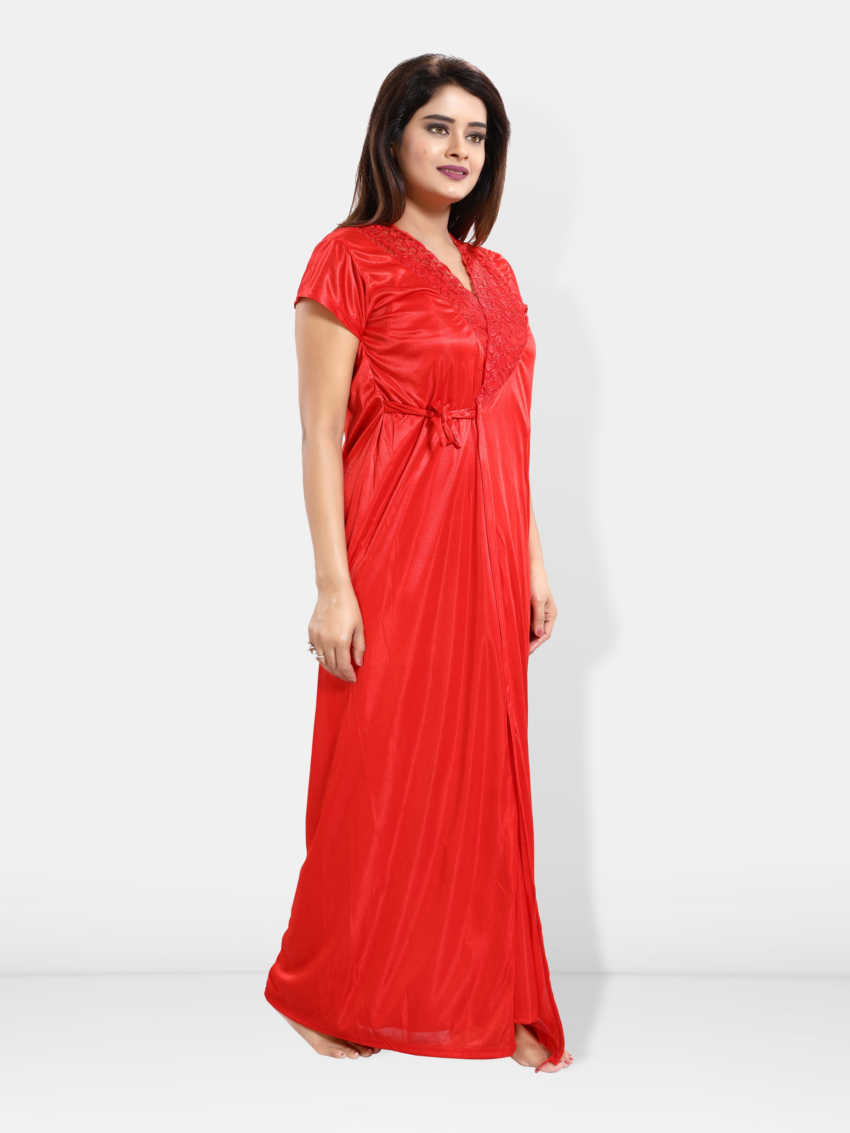 Red (Pack of 6) Nightwear Set in Solid Satin for Women